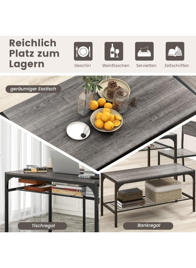 4-Piece Industrial Dining Table Set with 2 Chairs & Bench, Gray Kitchen & Dining Room Seating Set with Storage Shelves, Metal Frame, Space-Saving Compact Table for Small Apartments and Modern Homes - Image 5