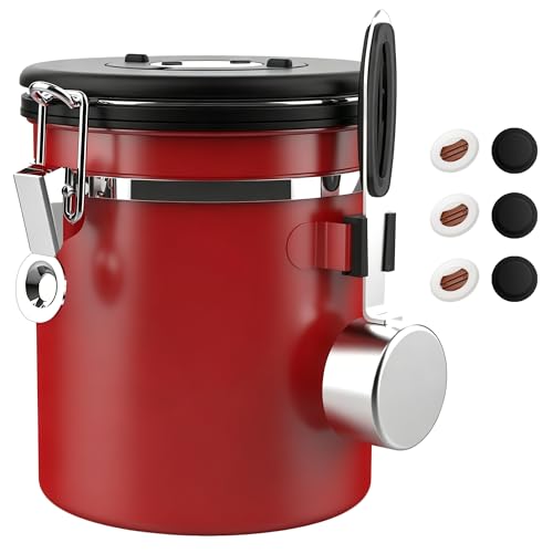ShanSon Coffee Canister Airtight, Stainless Steel Bean Storage Container with Date Tracker & Scoop, Grounds Sugar Flour Tea Cereal Fits Kitchen Pantry, Ideal Gift for Coffee Lovers,16oz,Red - Image 1