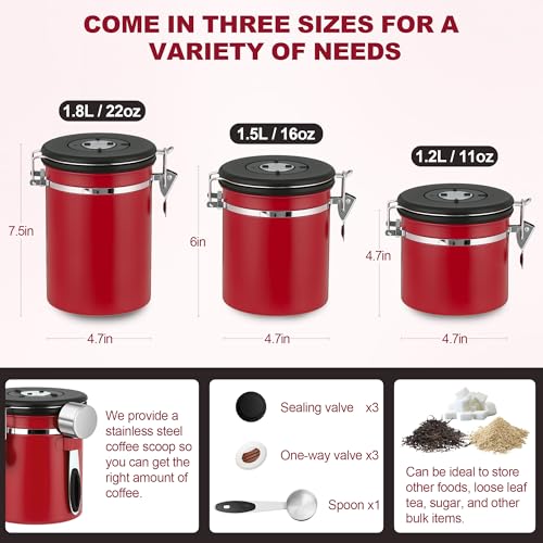 ShanSon Coffee Canister Airtight, Stainless Steel Bean Storage Container with Date Tracker & Scoop, Grounds Sugar Flour Tea Cereal Fits Kitchen Pantry, Ideal Gift for Coffee Lovers,16oz,Red - Image 3