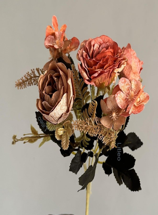 Litleo 1 Pcs Artificial Rose and Hydrangea Bouquet with Fern Accents, Cream White Flowers, Mixed Floral Arrangement (Without vase) (Dry OrangeBrown) - Image 3