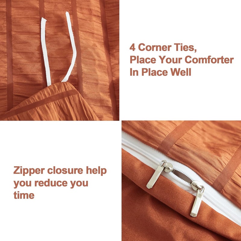 AveLom Terracotta Seersucker Duvet Cover Set Queen Size (90 x 90 inches), 3 Pieces (1 Duvet Cover + 2 Pillow Cases), Ultra Soft Washed Microfiber, Textured Duvet Cover with Zipper Closure, Corner Ties - Image 4