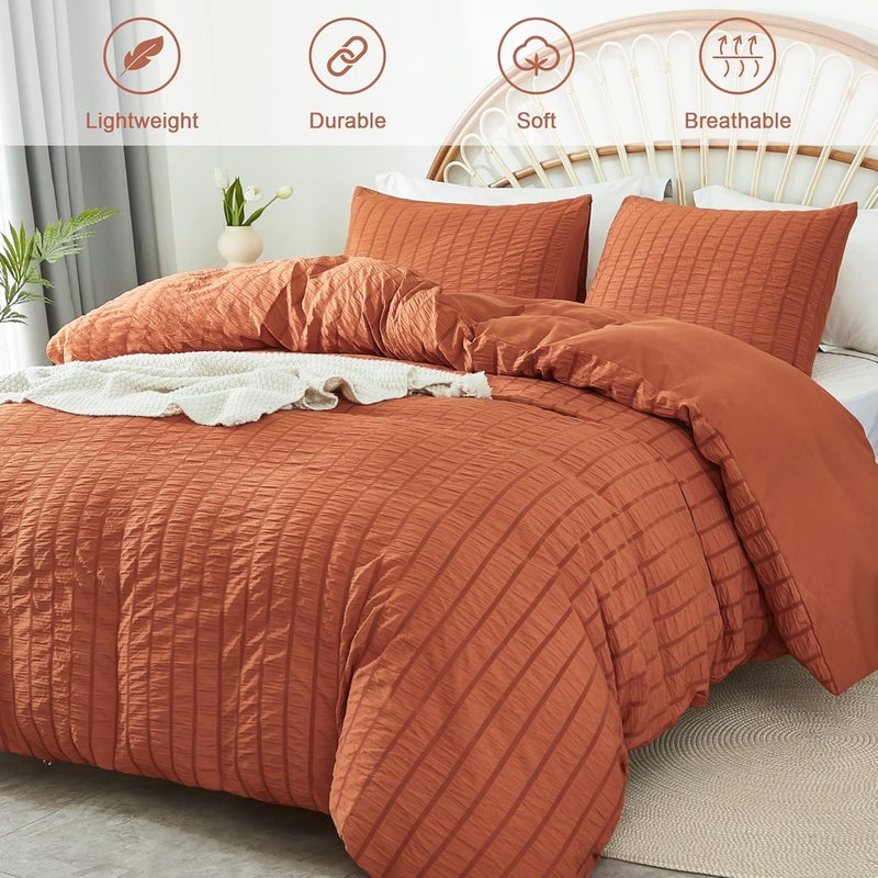 AveLom Terracotta Seersucker Duvet Cover Set Queen Size (90 x 90 inches), 3 Pieces (1 Duvet Cover + 2 Pillow Cases), Ultra Soft Washed Microfiber, Textured Duvet Cover with Zipper Closure, Corner Ties - Image 2