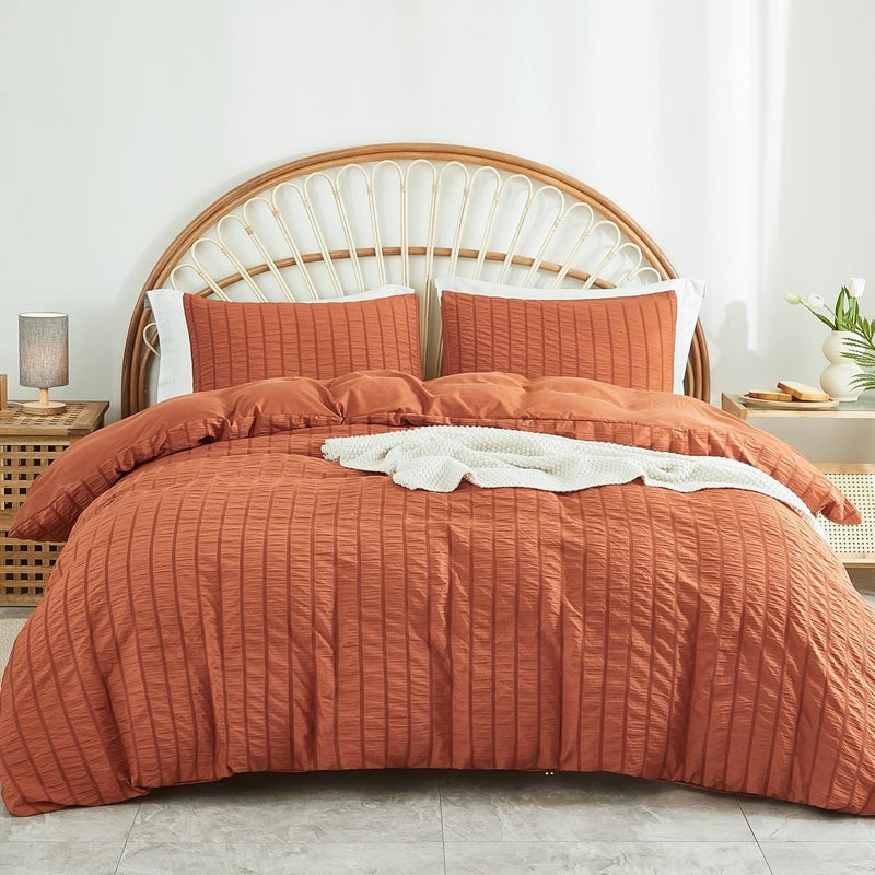 AveLom Terracotta Seersucker Duvet Cover Set Queen Size (90 x 90 inches), 3 Pieces (1 Duvet Cover + 2 Pillow Cases), Ultra Soft Washed Microfiber, Textured Duvet Cover with Zipper Closure, Corner Ties - Image 1