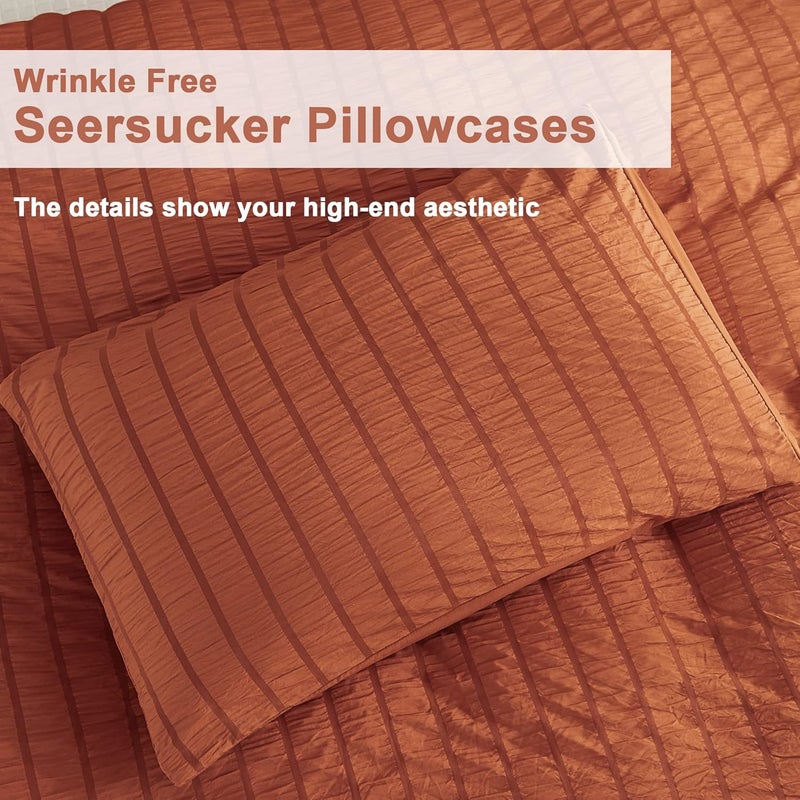 AveLom Terracotta Seersucker Duvet Cover Set Queen Size (90 x 90 inches), 3 Pieces (1 Duvet Cover + 2 Pillow Cases), Ultra Soft Washed Microfiber, Textured Duvet Cover with Zipper Closure, Corner Ties - Image 5