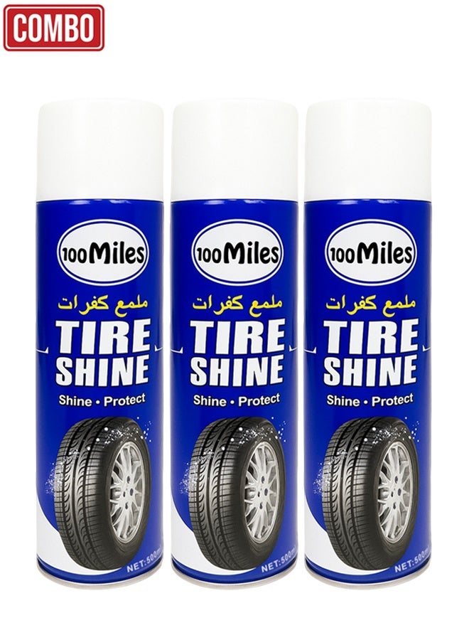 100Miles Tire Shine Spray 500ml Pack of 3 – High Gloss Tire Polish & Protector for Car & Bike Tires, Restores Black Wet Look, UV & Water Resistant, Long Lasting Shine, Dust Dirt Repellent, Easy Spray Application, Acid Free Formula - Image 1
