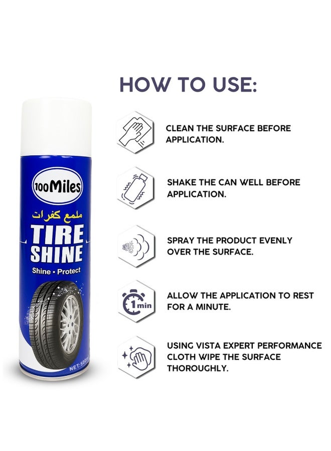 100Miles Tire Shine Spray 500ml Pack of 3 – High Gloss Tire Polish & Protector for Car & Bike Tires, Restores Black Wet Look, UV & Water Resistant, Long Lasting Shine, Dust Dirt Repellent, Easy Spray Application, Acid Free Formula - Image 3