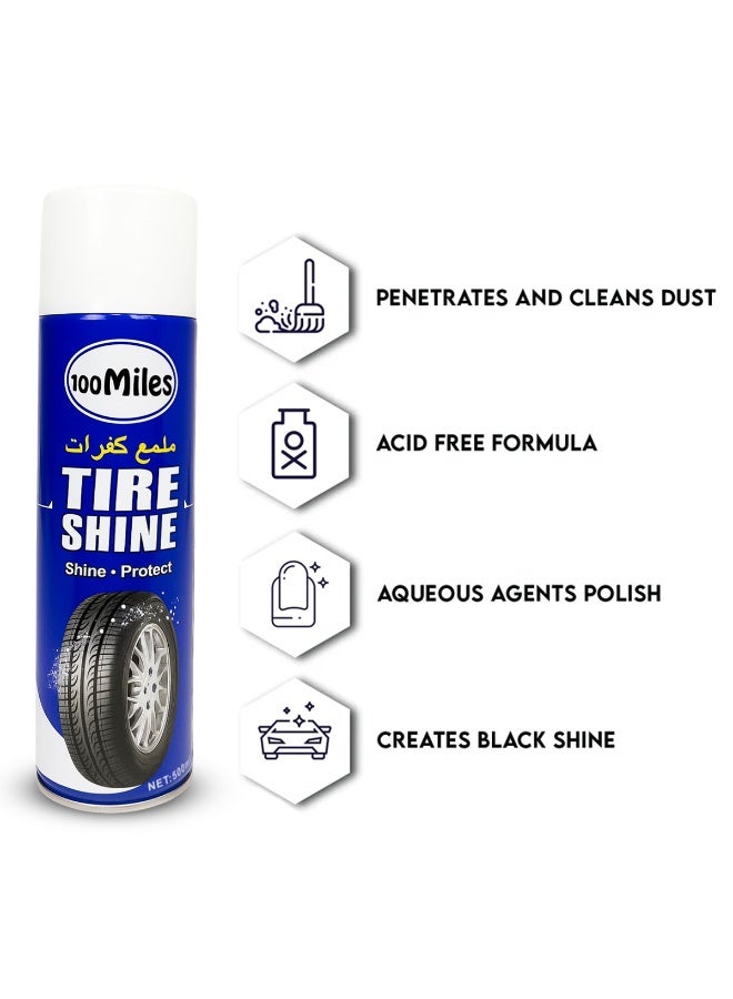100Miles Tire Shine Spray 500ml Pack of 3 – High Gloss Tire Polish & Protector for Car & Bike Tires, Restores Black Wet Look, UV & Water Resistant, Long Lasting Shine, Dust Dirt Repellent, Easy Spray Application, Acid Free Formula - Image 2