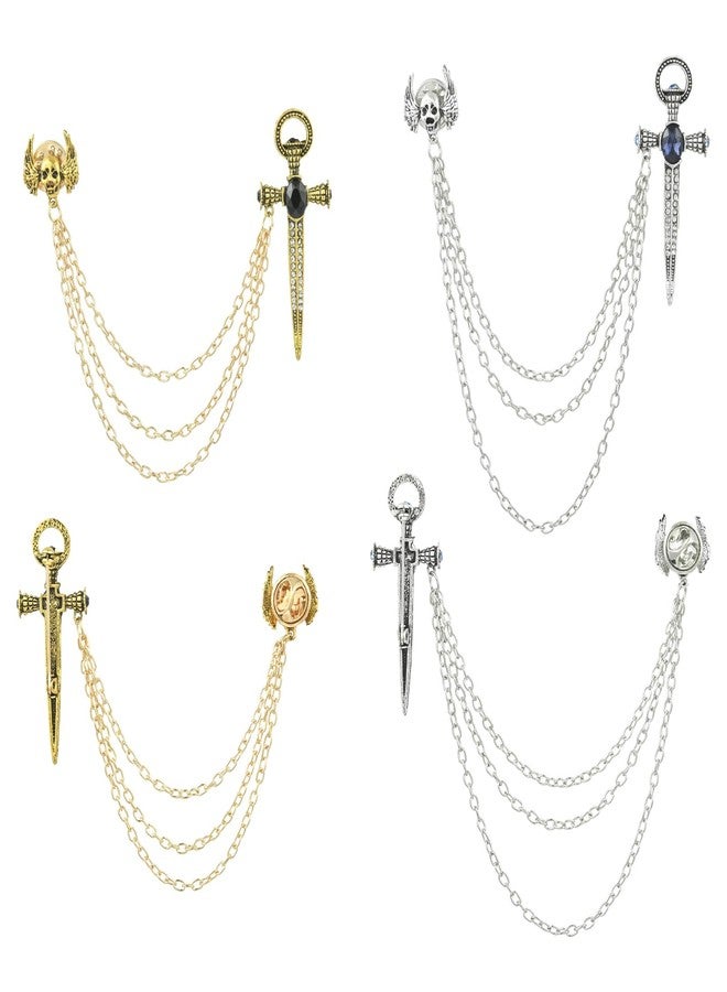 Airssory 4 Pcs 2 Colors Punk Long Tassel Chain Brooch Vintage Sword Skull Brooch Gothic Badge Sweater Shawl Clips Collar Brooch for Men and Women - Image 1