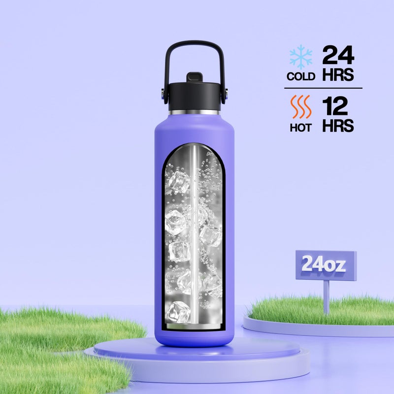 POWCAN 24 oz Travel Water Bottle: Standard Mouth, Leakproof, BPA-Free, Easy Hold Handle, Insulated Stainless Steel Thermos with Straw for School, Outdoors, Teens, Running, Sport, Trip (Violet's Tale) - Image 2