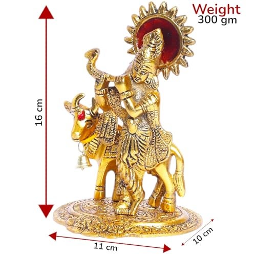 KridayKraft Lord Krishna with Cow Metal Statue,Krishna Murti Playing Flute for Temple Pooja,Decor Your Home,Office & Gift Your Relatives,Showpiece Figurines,Religious Idol - Image 2