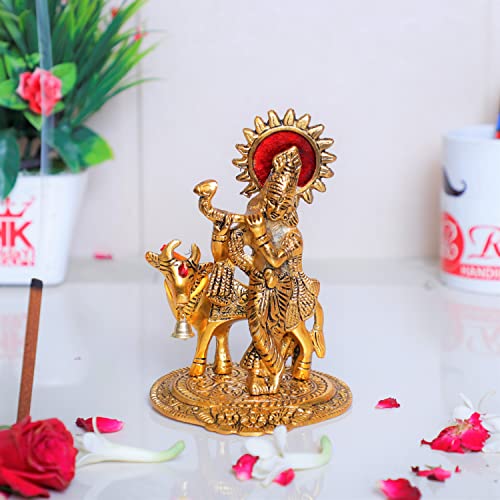 KridayKraft Lord Krishna with Cow Metal Statue,Krishna Murti Playing Flute for Temple Pooja,Decor Your Home,Office & Gift Your Relatives,Showpiece Figurines,Religious Idol - Image 1