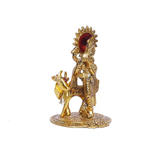 KridayKraft Lord Krishna with Cow Metal Statue,Krishna Murti Playing Flute for Temple Pooja,Decor Your Home,Office & Gift Your Relatives,Showpiece Figurines,Religious Idol - Image 4