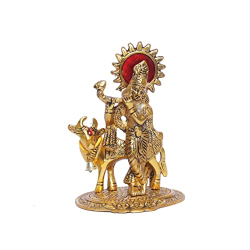 KridayKraft Lord Krishna with Cow Metal Statue,Krishna Murti Playing Flute for Temple Pooja,Decor Your Home,Office & Gift Your Relatives,Showpiece Figurines,Religious Idol - Image 3