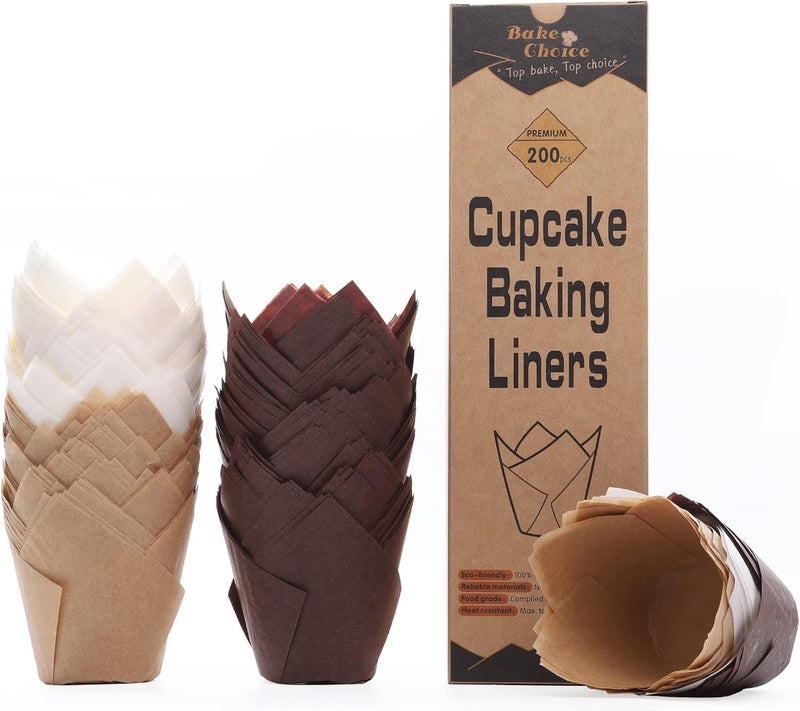 Bake Choice Nordic Paper 200pcs Tulip Cupcake Liners for Baking Cups EU Parchment paper Standard Size Tulip Muffin Liners, Cupcake Wrapper, Brown, White, Unbleached Natural for Party, Christmas - Image 1