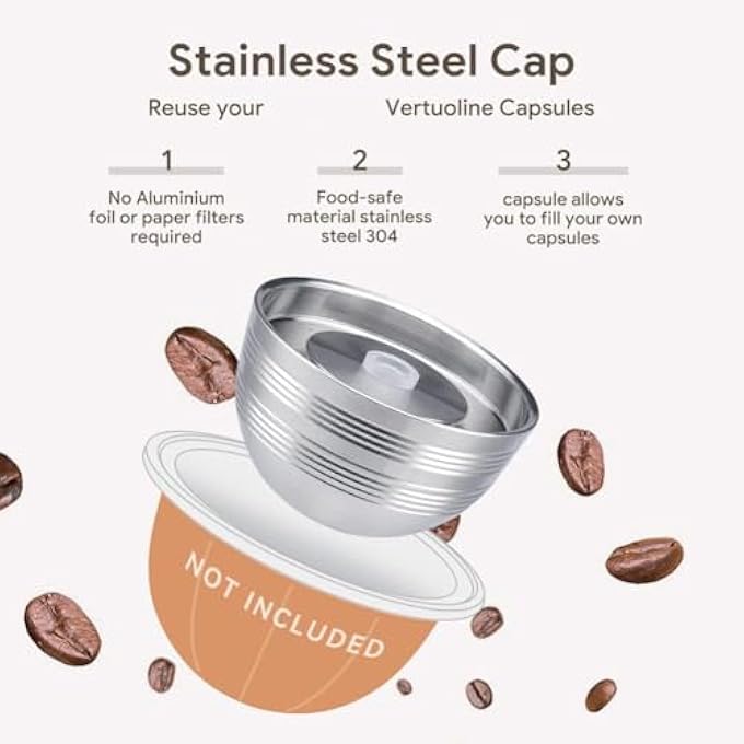 NALACAL كبسولات فيرتو القابلة لإعادة التعبئة، كبسولات قهوة قابلة لإعادة الاستخدام، إصدار جديد، غطاء من الفولاذ المقاوم للصدأ، كبسولات قابلة لإعادة التعبئة، صنع 230 مل من قهوة الكريمة، كبسولة واحدة، 1 سد، مناسبة فقط لماكينة القهوة فيرتوو لاين نيكست - Image 5