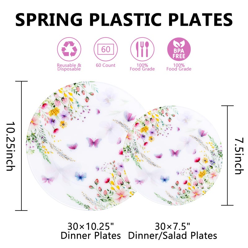 Joyido 60PCS Wildflower Plates Disposable - Floral Plastic Plate - Colorful Spring Party Plate Decorative Include 30 Dinner & 30 Dessert Plates for Bridal Shower Birthday Tea Party - Image 2