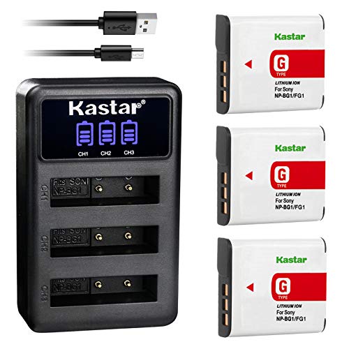 Kastar 3-Pack Battery + LCD Triple USB Charger Replacement for Sony NP-BG1 NP-FG1 and Cyber-Shot DSC-W220 DSC-H3 H7 H9 H10 H20 DSC-H50 DSC-H55 DSC-H70 DSC-HX5V DSC-HX7V DSC-HX9V DSC-HX10V DSC-HX30V - Image 1