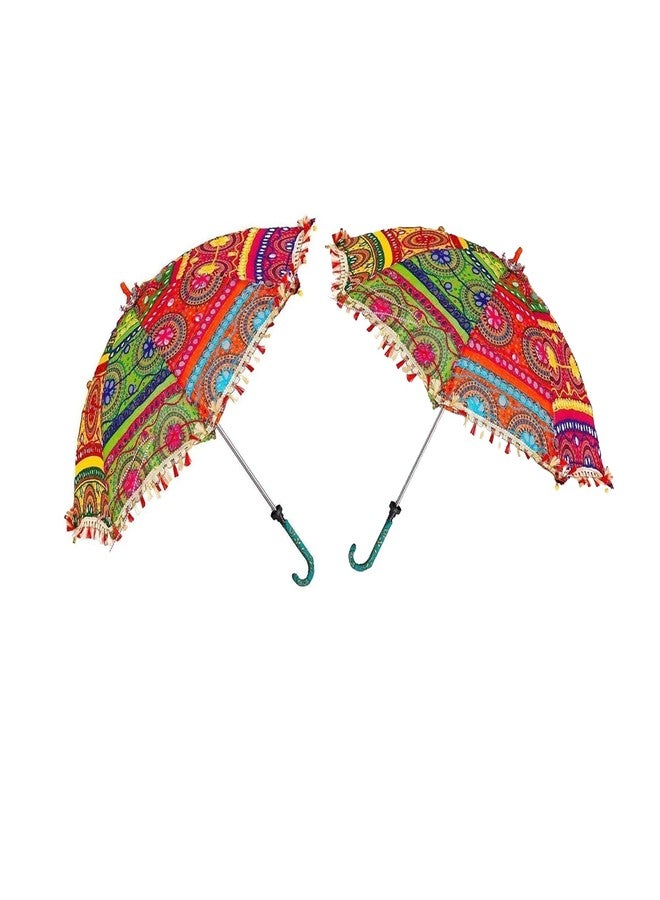 LOGRO 2 pieces Decorative Umbrella, Multicolour Embroidered Cotton Canopy, Rajasthani Style, with Mirrors and Tassels, for Weddings and Festivals(Pack of 2Piece) - Image 2