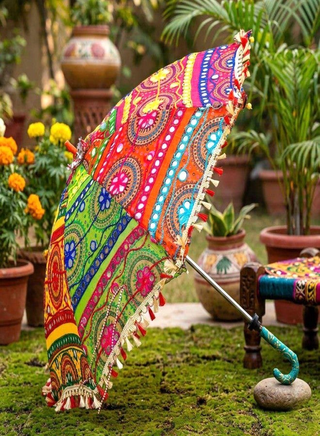 LOGRO 2 pieces Decorative Umbrella, Multicolour Embroidered Cotton Canopy, Rajasthani Style, with Mirrors and Tassels, for Weddings and Festivals(Pack of 2Piece) - Image 4