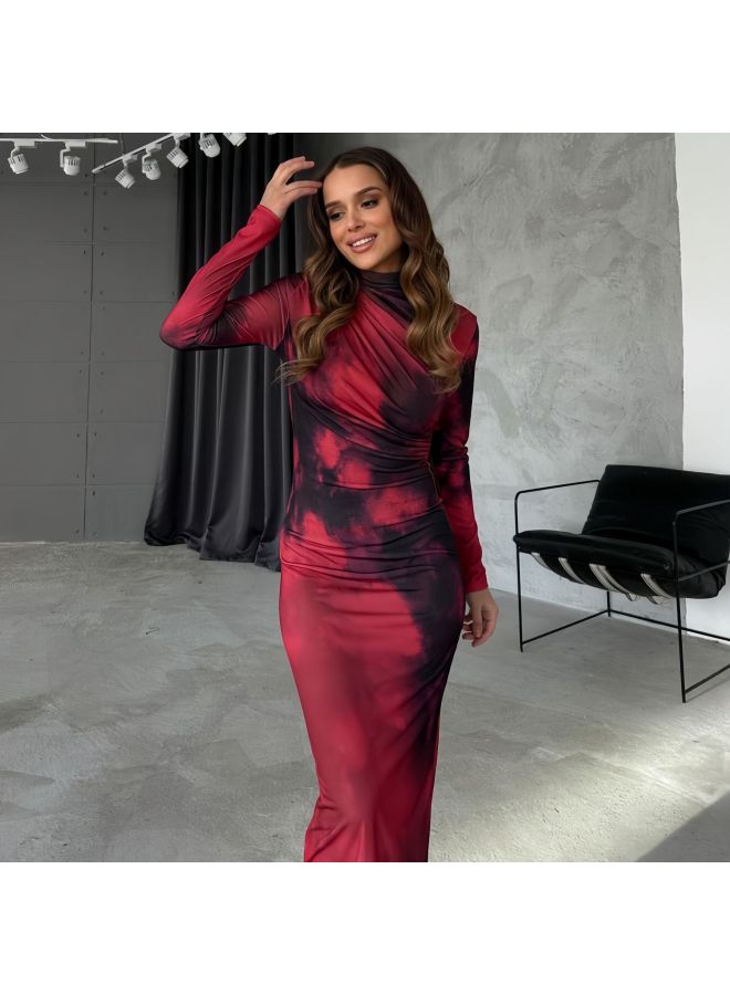 Red Autumn Winter Fashionable Printed Round Neck Slim Fit Hip Dress