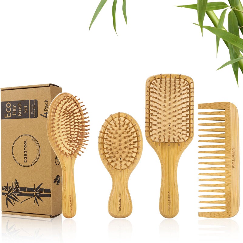 DEBETOOL Bamboo Hair Brush Set Natural Wooden Bamboo Comb Paddle Detangling Hairbrush for Hair Growth  Widetooth and Tail Comb Suitable for ThickThinCurlyDry Hair