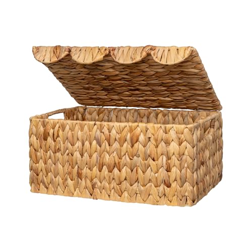 StorageWorks Wicker Basket with Scalloped Edge Lid Water Hyacinth Basket with Builtin Handles Handwoven Wicker Box for Living Room 15 L x 11  W x 7 H