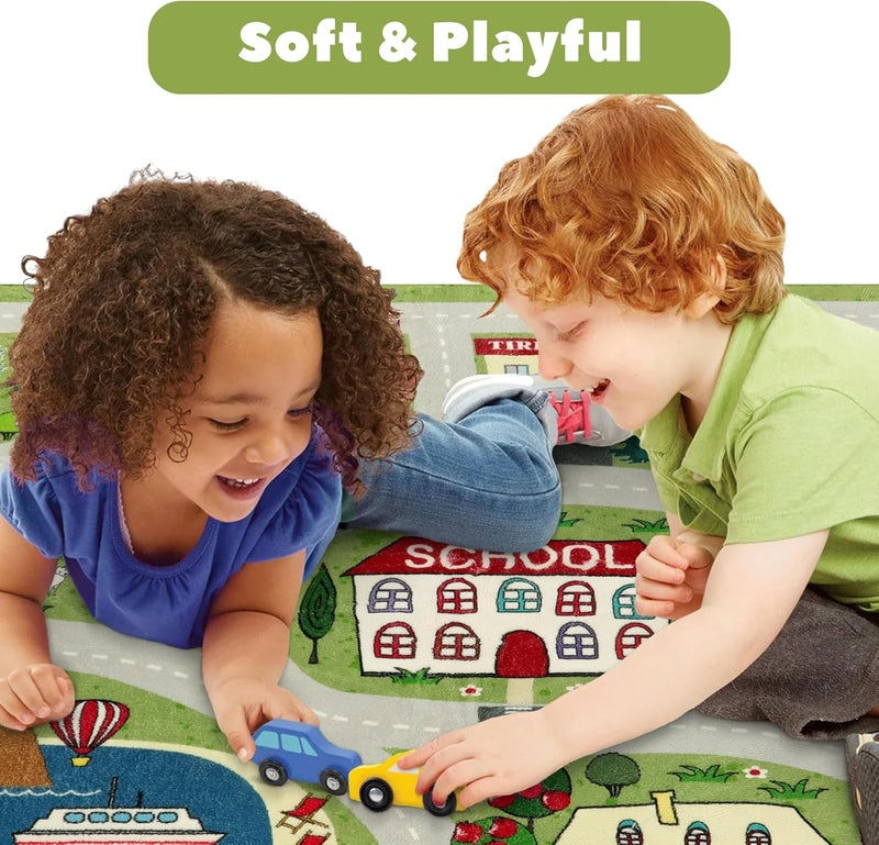 LIVEBOX سجادة غرفة لعب الأطفال الخضراء، 5'x7' سجادة طريق قابلة للغسل لغرفة الأطفال، سجادة لعب غير قابلة للانزلاق ناعمة لسرير الأطفال، سجادات حركة المرور الكبيرة للفصل الدراسي للأولاد والبنات، غرفة الألعاب، خيمة - Image 5