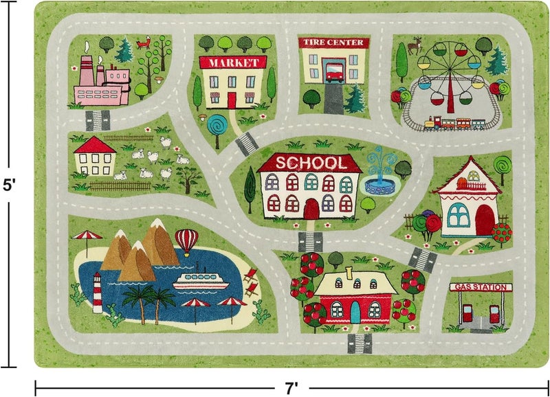 LIVEBOX سجادة غرفة لعب الأطفال الخضراء، 5'x7' سجادة طريق قابلة للغسل لغرفة الأطفال، سجادة لعب غير قابلة للانزلاق ناعمة لسرير الأطفال، سجادات حركة المرور الكبيرة للفصل الدراسي للأولاد والبنات، غرفة الألعاب، خيمة - Image 2