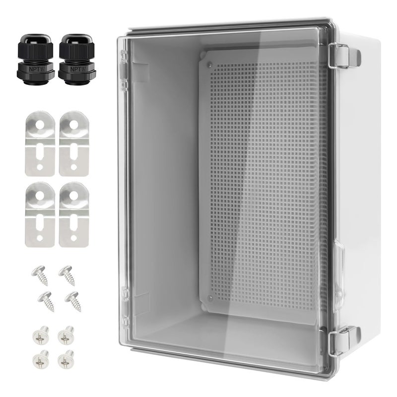LeMotech Electrical Box IP67 Waterproof Hinged Clear Cover Stainless Steel Latch Junction Box ABS Plastic Electrical Enclosure with Mounting PlateWall Brackets Cable Glands157x118x70Grey
