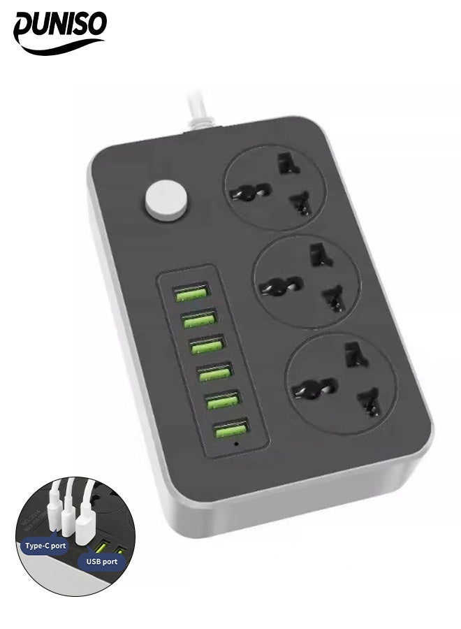 DUNISO Power Strip Extension Cord，9 in 1 Universal Power Socket，3 Outlets Power Socket with 6 USB Ports Universal Charging Socket with 2M Bold Extension Cord，Black  - Image 1