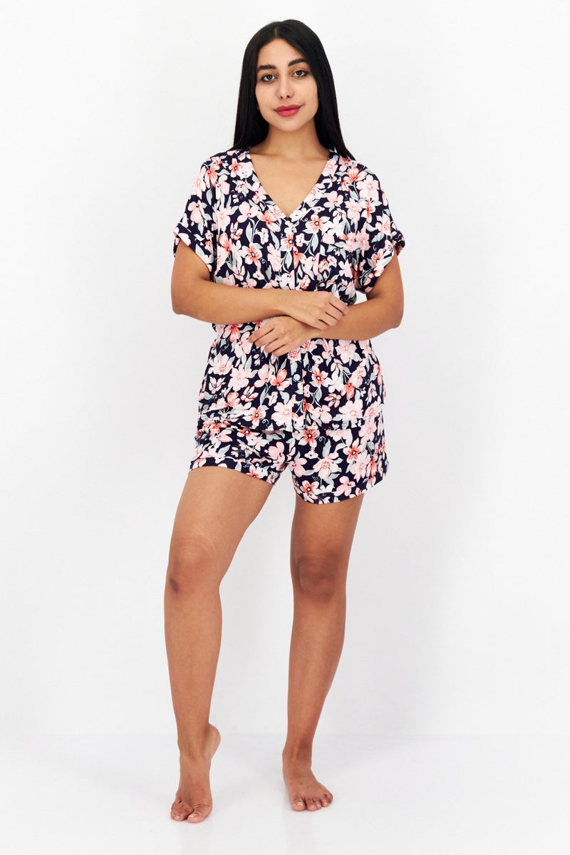 ANNE KLEIN Women 2 Pieces Floral Print Pajama Set, Navy Combo - Image 4