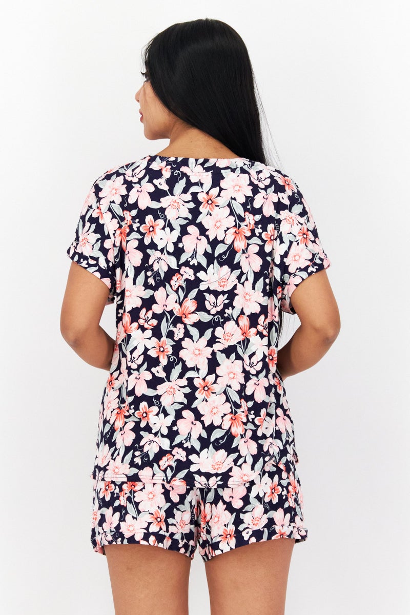 ANNE KLEIN Women 2 Pieces Floral Print Pajama Set, Navy Combo - Image 2