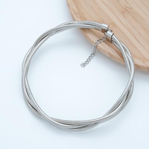 Uarein Chunky Gold Statement Choker Neckalce for Women Layered Snakebone Chain Collar Necklace Twist Wrap Stainless Steel Choker Punk Aesthetic Jewelry Gifts (Silver) - Image 5