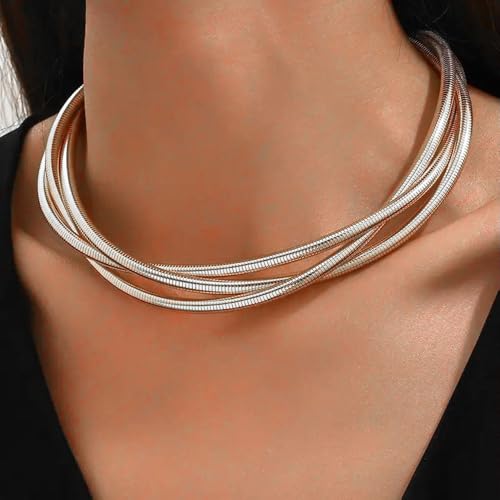 Uarein Chunky Gold Statement Choker Neckalce for Women Layered Snakebone Chain Collar Necklace Twist Wrap Stainless Steel Choker Punk Aesthetic Jewelry Gifts (Silver) - Image 2