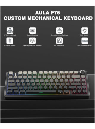 AULA F75 Pro Wireless Mechanical Keyboard,75% Gasket Hot Swappable Custom Keyboard,RGB Backlit,Pre-lubed Reaper Switches,Side Printed PBT Keycaps,2.4GHz/USB-C/BT5.0 Mechanical Gaming Keyboard - view 2