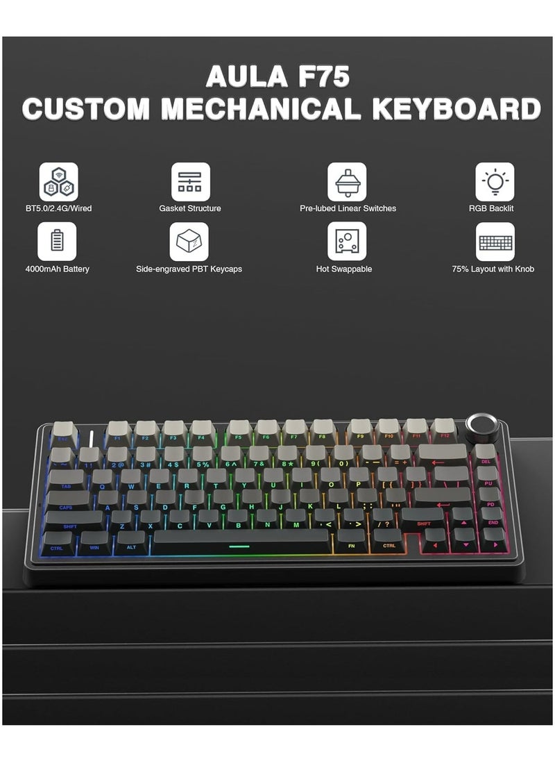 AULA - AULA F75 Pro Wireless Mechanical Keyboard,75% Gasket Hot Swappable Custom Keyboard,RGB Backlit,Pre-lubed Reaper Switches,Side Printed PBT Keycaps,2.4GHz/USB-C/BT5.0 Mechanical Gaming Keyboard - Image 1