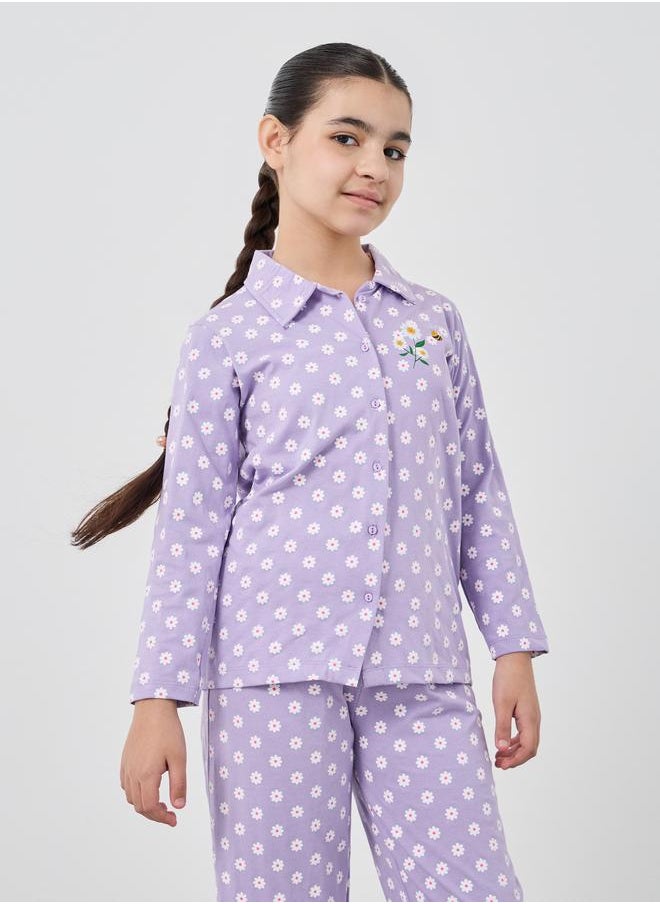 Styli Styli All-Over Floral Print Shirt and Pyjama Set  - Image 2