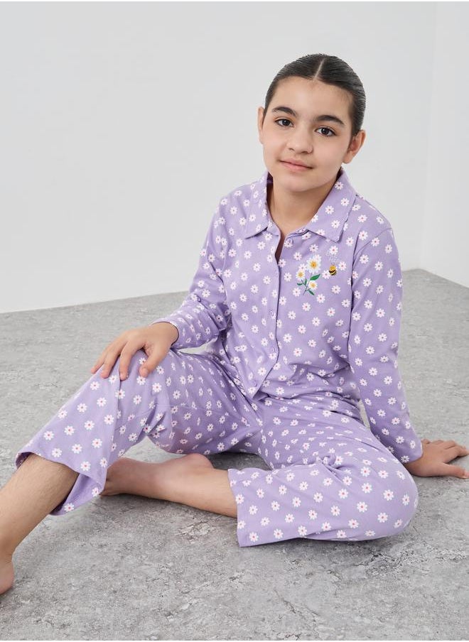 Styli Styli All-Over Floral Print Shirt and Pyjama Set  - Image 1