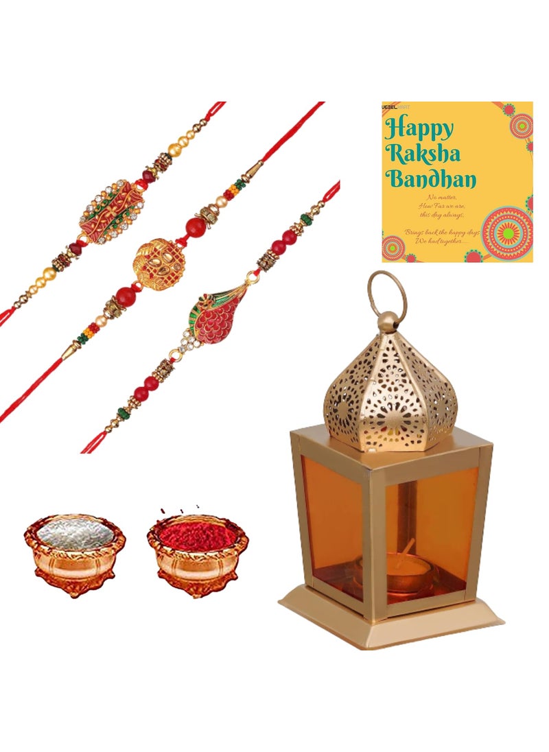 Webelkart Webelkart Combo of 3 Rakhi for Brother, Bhaiya and Bhabhi with Kids Rakhi and Moroccan Gold tealight Candle Holder and Rakshabandhan Gifts and 1 Greeting Card and Roli Chawal Pack  - Image 1