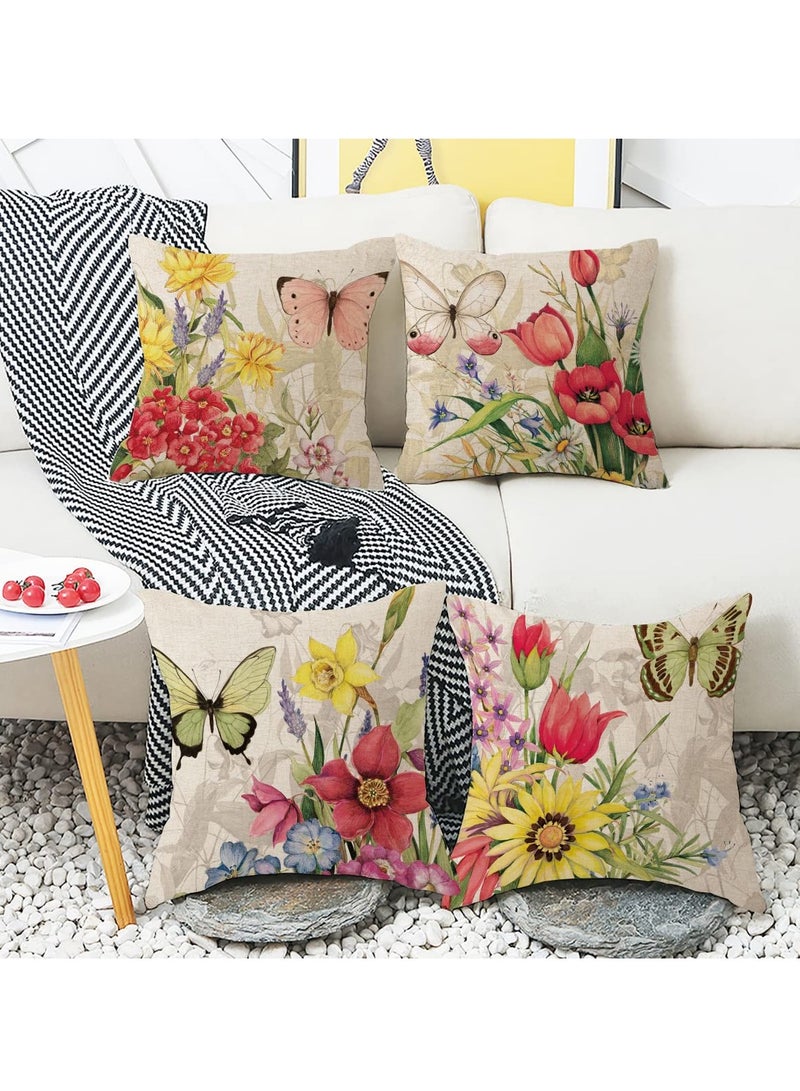 إسكدنيا Throw Pillow Covers, 4Pcs Square Decorative Spring Pillow Covers, Soft Linen Print Flower erfly Pillowcases for Sofa Couch Living Room Outdoor (18 x 18inch) - Image 5