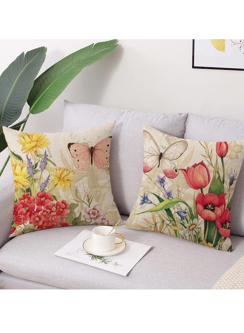 إسكدنيا Throw Pillow Covers, 4Pcs Square Decorative Spring Pillow Covers, Soft Linen Print Flower erfly Pillowcases for Sofa Couch Living Room Outdoor (18 x 18inch) - Image 2