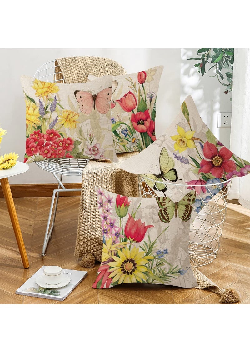 إسكدنيا Throw Pillow Covers, 4Pcs Square Decorative Spring Pillow Covers, Soft Linen Print Flower erfly Pillowcases for Sofa Couch Living Room Outdoor (18 x 18inch) - Image 3
