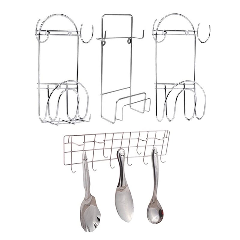 JISUN Stainless Steel Wall Mounted Chakla Belan Stand Pack of 3 Wall Mounted Ladle Hook Rail for Kitchen Silver  - Image 1