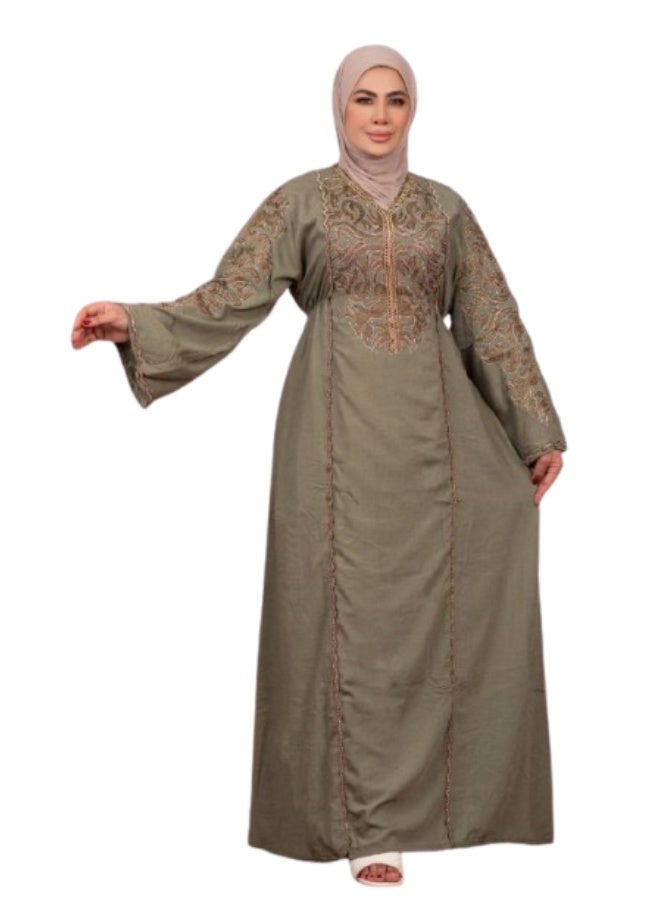 Women's linen abaya with a floral print – an elegant women's dress for going out and receiving guests – a comfortable, modern abaya for special occasions - Image 1