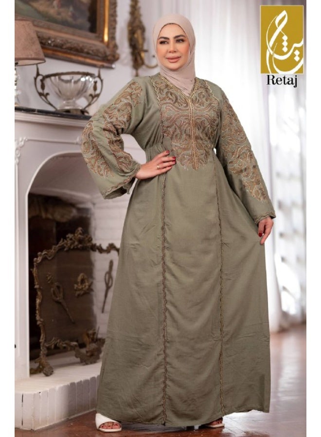 Women's linen abaya with a floral print – an elegant women's dress for going out and receiving guests – a comfortable, modern abaya for special occasions - Image 2