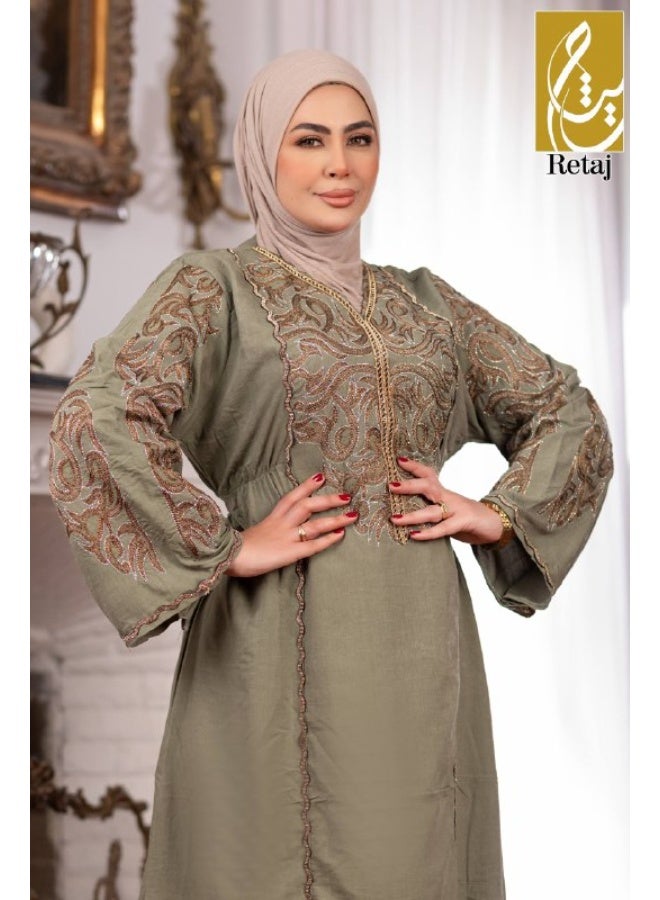 Women's linen abaya with a floral print – an elegant women's dress for going out and receiving guests – a comfortable, modern abaya for special occasions - Image 3