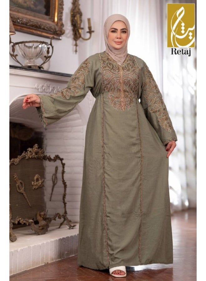 Women's linen abaya with a floral print – an elegant women's dress for going out and receiving guests – a comfortable, modern abaya for special occasions - Image 4