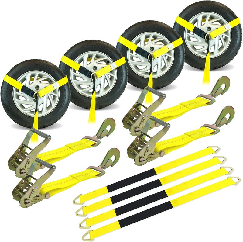VULCAN Economy Car Tie Down Kit with 4 Lasso Straps and 4 Snap Hook Ratchets - Image 1