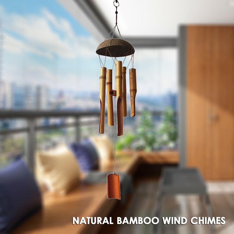 Bamboo Coconut Shell Wind Chimes Outdoor Bamboo Wind chimes for Home Courtyard and Garden Decoration Light Colored Coconut Shell 5 Tubes - Image 5