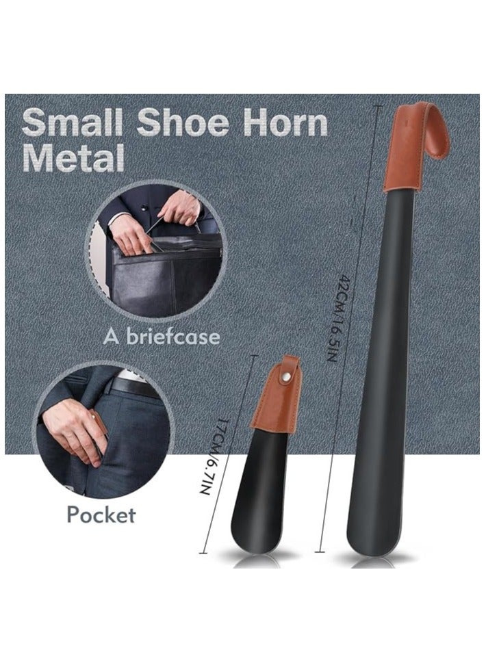 Metal Shoe Horn 2Pcs,17cm and 42 Shoehorn Long Handled with Leather Handle for Seniors Men Women,Small Shoe horns with Leather Handle - Image 2